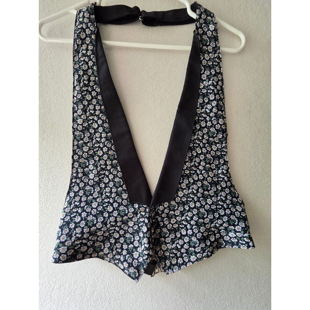 Vintage Daisy Floral Halter Vest Black White Cropped Backless Boho S/M USA Made